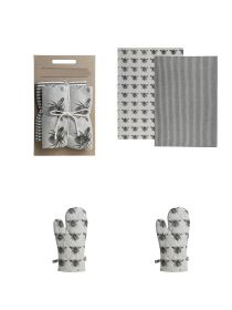 Tea Towels With Dark Green Bumble Bee Oven Gloves
